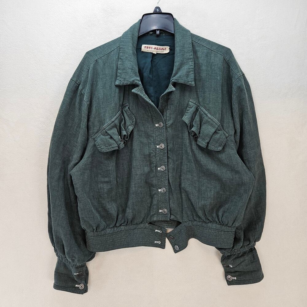 FREE PEOPLE WOMEN'S MEDIUM BILLY SADDLE JACKET MILITARY GREEN LINEN SOFT